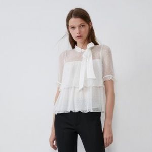 Zara White Sheer Swiss Dot Ruffle Tiered Blouse (Sz XSmall)